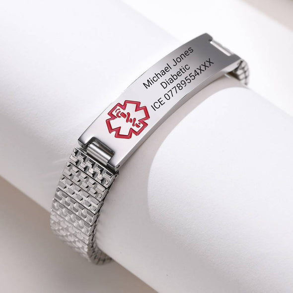 Stainless steel silver stretch medical alert bracelet personalised with engraving