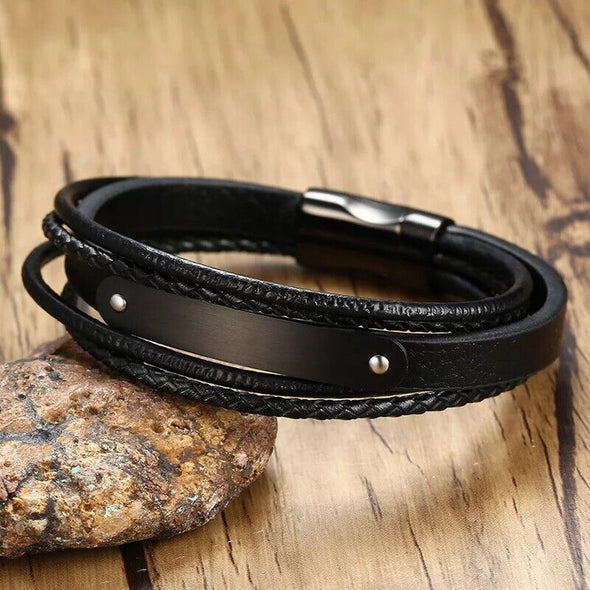 Stylish multi-layered leather strap medical alert bracelet with sliding magnetic clasp