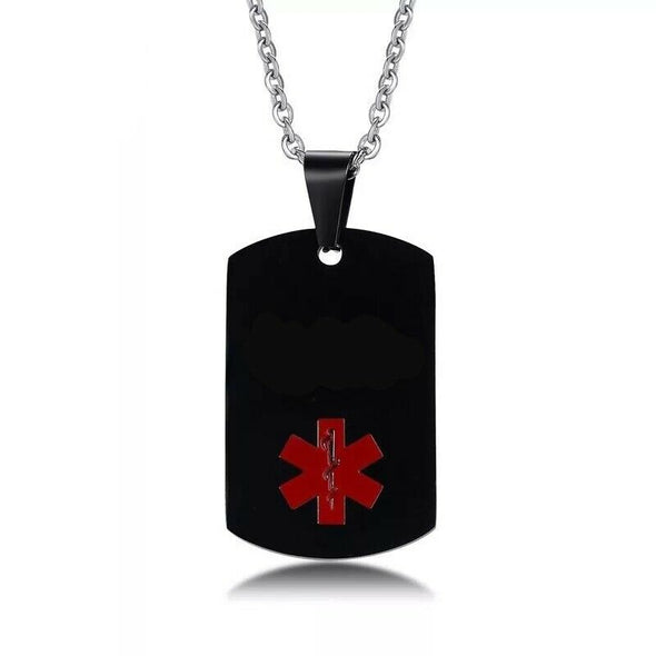 Customisable Elite stainless steel medical alert necklace in back with red medical symbol