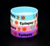 Kids Epilepsy medical alert wristbands in blue, white, pink and purple