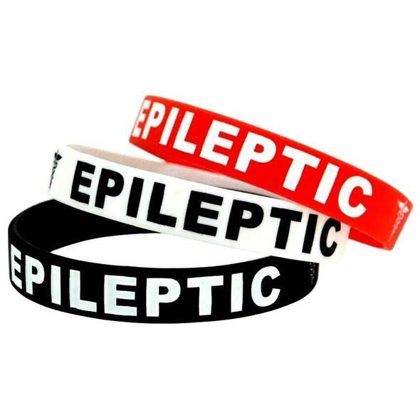 Epileptic medical alert silicone wristbands in red, white and black