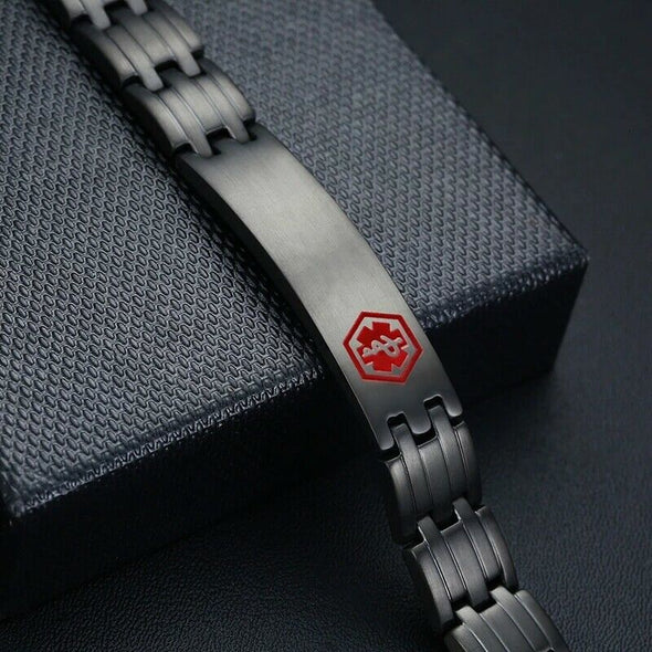 Customisable Graphite black stainless steel medical alert bracelet with red medical symbol on black jewellery box