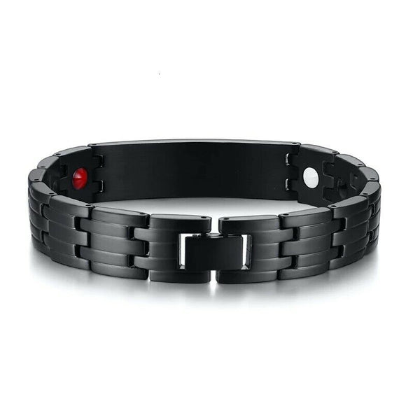 Customisable Graphite black stainless steel medical alert bracelet with red medical symbol, negative ions and magnets - rear view.