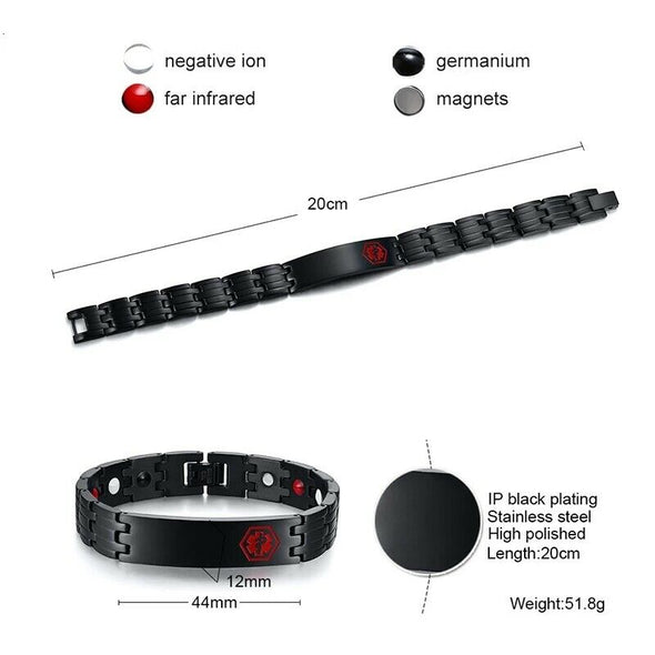 Customisable Graphite black stainless steel medical alert bracelet with red medical symbol, negative ions and magnets - dimensions and specification