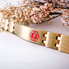 Graphite matte gold stainless steel medical alert bracelet with a floral background