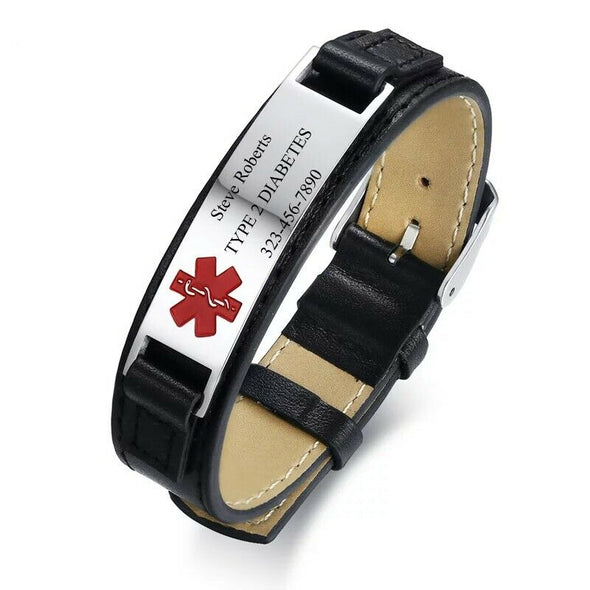Engraved example of the Houston black leather and silver stainless steel medical alert bracelet