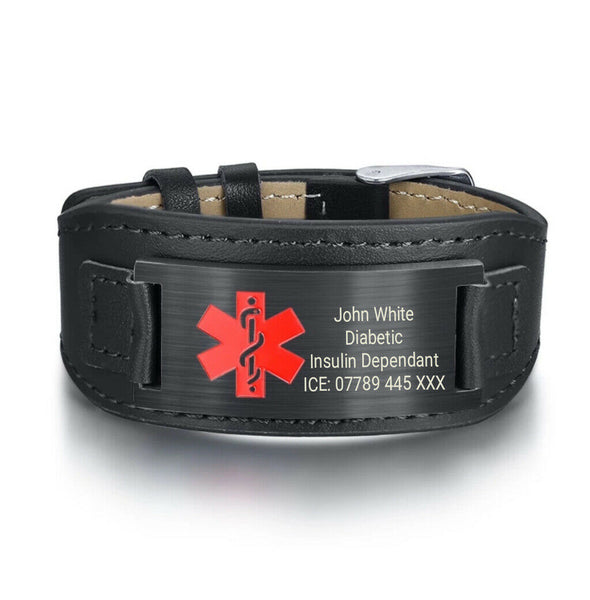 Houston Wide black leather medical alert bracelet shown with a personalised engraving.