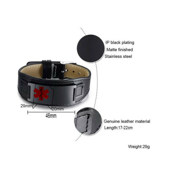 Houston wide black leather medical alert bracelet dimensions and materials infographic.