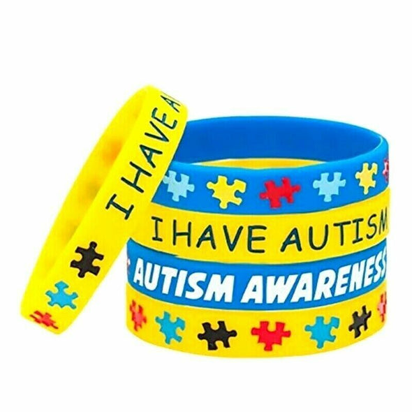 Blue and Yellow Silicone Wristbands with wording I have Autism and Autism Awareness.