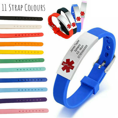 Jasper silicone and stainless steel medical alert bracelet in 11 strap colours.