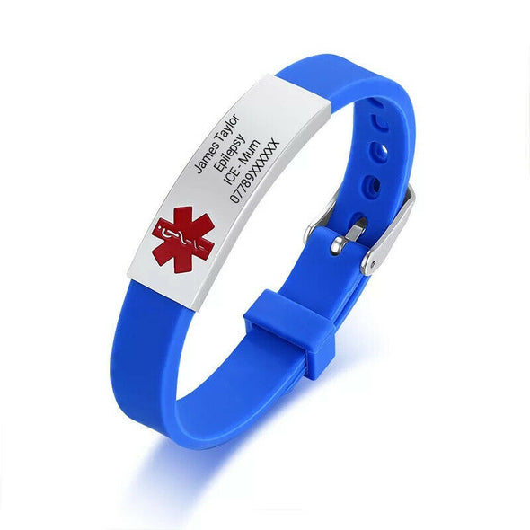 Jasper blue silicone and stainless steel medical alert bracelet personalised with engraving