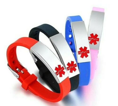 Jasper customisable medical alert bracelets with silicone strap and stainless steel tag.