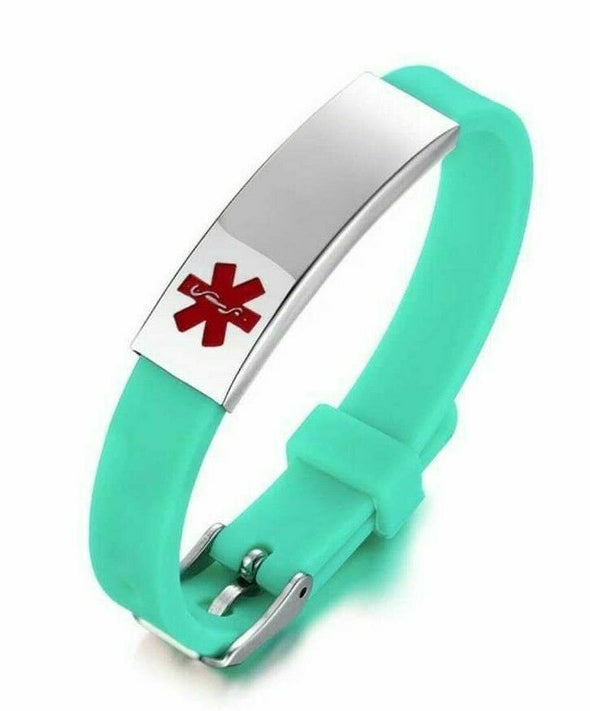 Turquoise Jasper medical alert bracelet with a silicone strap and stainless steel ID tag.