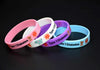 Kids bear and elephant themed Diabetic Type 1 medical alert silicone wristbands in pink, white, purple and blue.