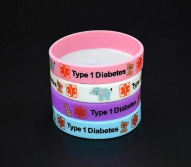 Kids animal themed Diabetic Type 1 medical alert silicone wristbands in pink, white, purple and blue.