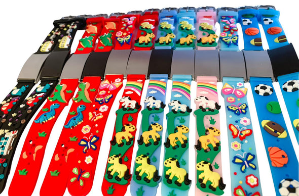 Kids Discovery medical alert bracelets car, dinosaur, horse, butterfly and sports silicone straps.