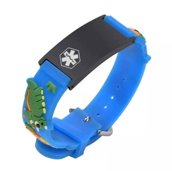 Kids Discovery dinosaur themed medical alert bracelet with blue silicone strap.