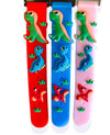 Kids Discovery silicone medical alert bracelets with a red, blue or pink dinosaur design.