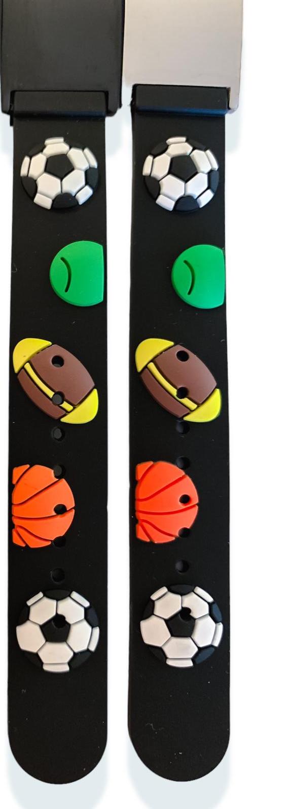 Kids Discovery medical alert bracelets with a black football, tennis, rugby, basketball design.