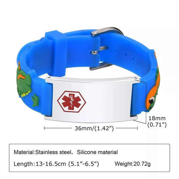 Kids Discovery stainless steel and silicone medical alert bracelets size measurements diagram