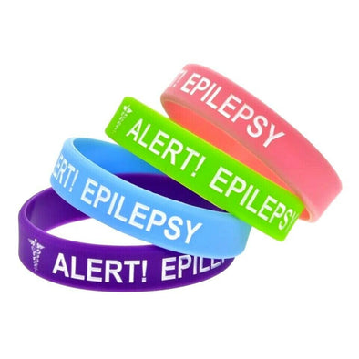 Kids range of Epilepsy medical alert silicone wristbands in pink, green, blue and purple