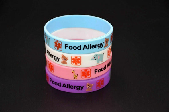 Animal themed kids range of Food Allergy medical alert silicone wristbands in blue, white, pink and purple.
