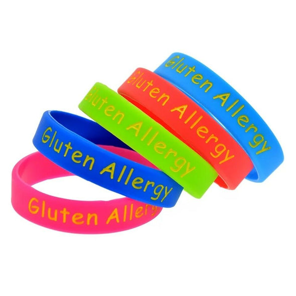 Kids range of Gluten Allergy medical alert wristbands in blue, red, green, dark blue and pink