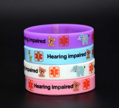 Animal themed kids range of Hearing Impaired medical alert and awareness wristbands in purple, blue, white and pink