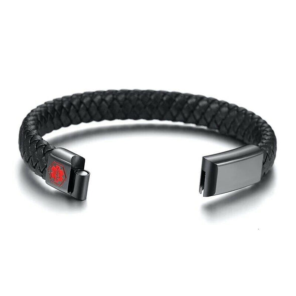 Lawnton leather medical alert id bracelet showing the opened sliding magnetic clasp.