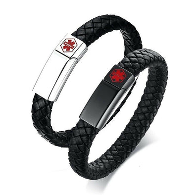 Black customisable Lawnton unisex leather medical alert bracelets with a silver or black tag for engraving. 