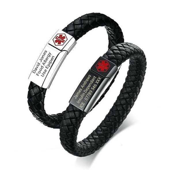 Lawnton leather medical alert id bracelets in silver and black showing the tags personalised with an engraving.