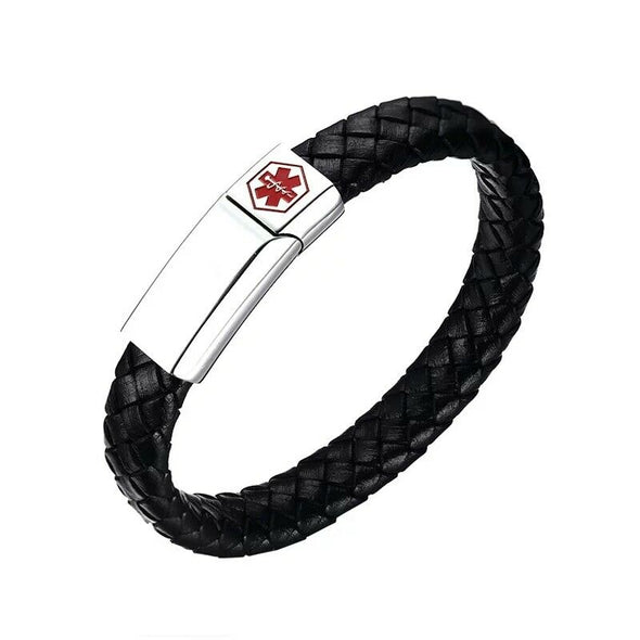 Customisable Lawnton leather medical alert bracelet with a black strap and silver tag for engraving.