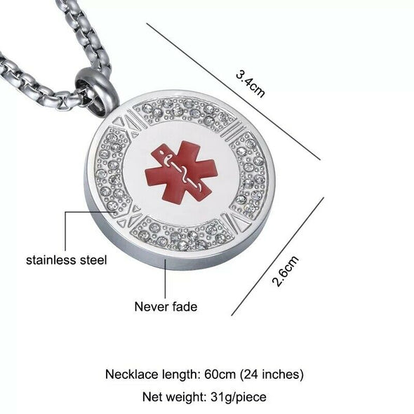 Lotus medical alert necklace size and dimensions graphic