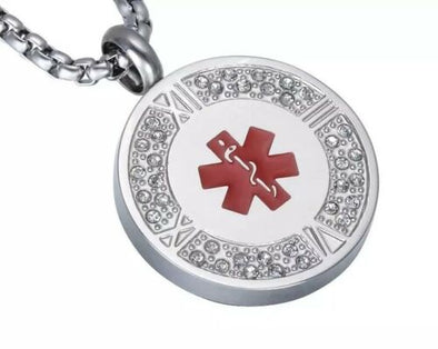 Lotus stainless steel and diamantes medical alert coin necklace