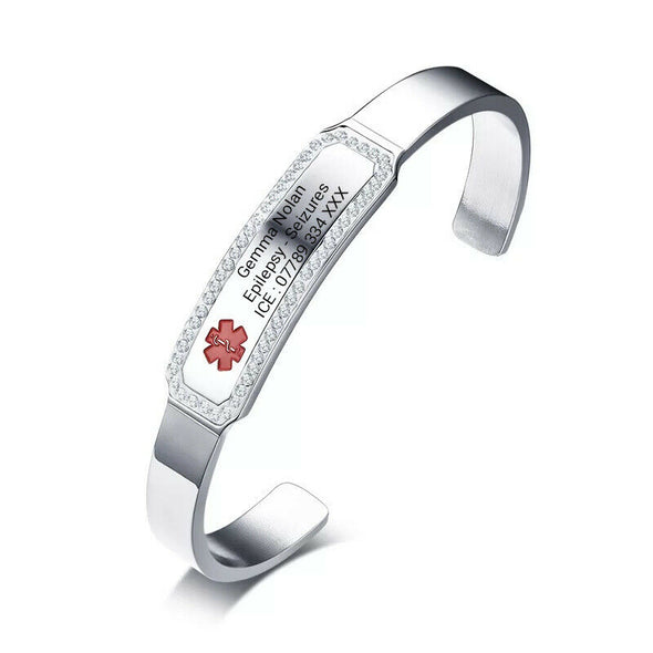 Lotus personalised medical alert bangle in silver showing engraving example