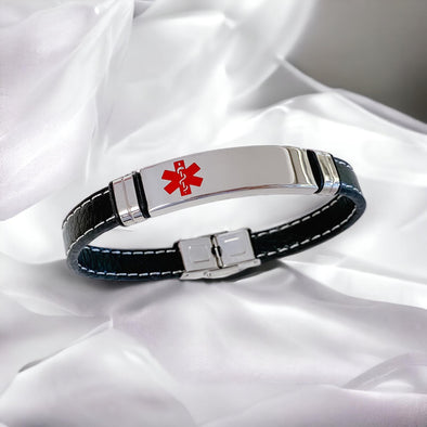 Madrid leather and stainless steel medical alert bracelet shown blank for engraving