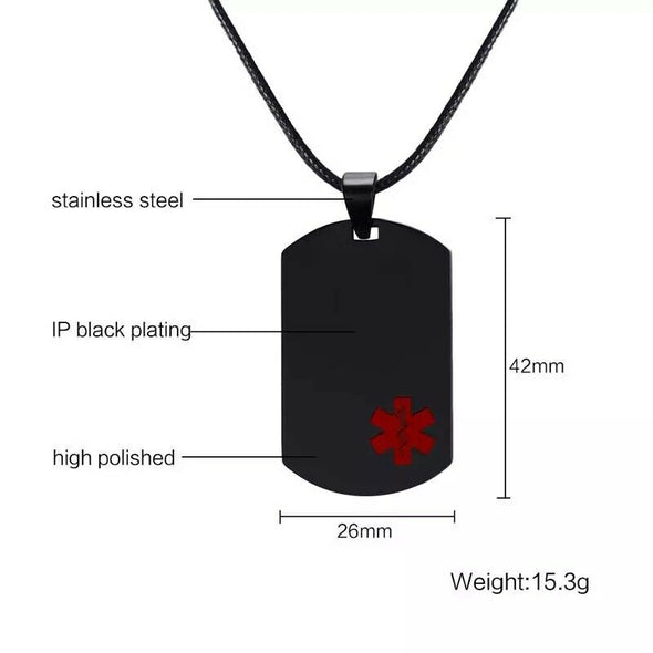 Black Marshall stainless steel medical alert necklace size and dimensions