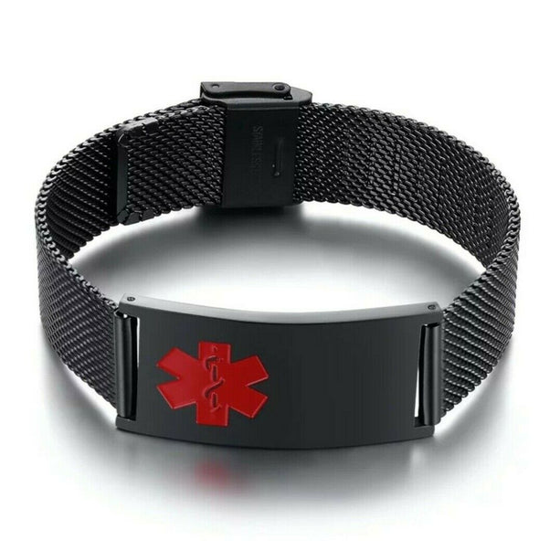 Customisable black MARX II stainless steel medical alert ID bracelet