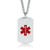 Maverick silver stainless steel medical alert necklace front view with red medical symbol