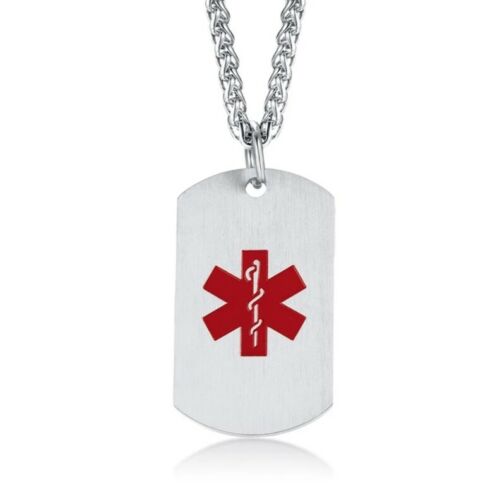 Maverick silver stainless steel medical alert necklace front view with red medical symbol