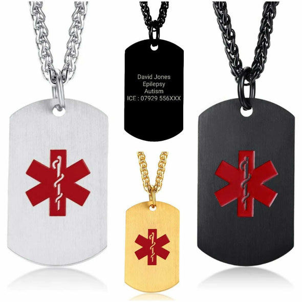 Maverick silver, gold and black stainless steel medical alert necklaces for engraving.