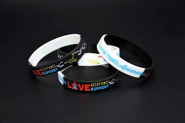 Mental health awareness wristbands in black and white