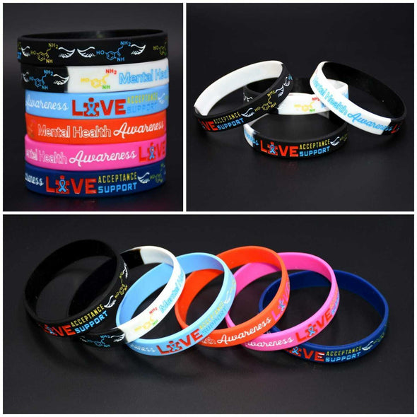 Mental health awareness wristbands in black, blue, red, pink and blue