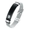 Milan silver stainless steel medical alert bracelet with a black tag for engraving ID information.