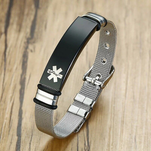 Milan silver stainless steel medical alert bracelet with a black blank tag for engraving.