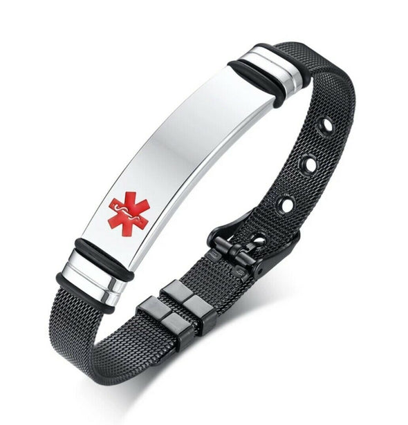 Milan black and silver stainless steel medical alert bracelet with a blank tag for engraving.
