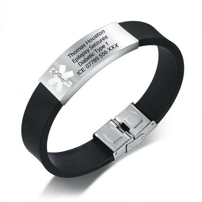 Nero black silicone and stainless steel customisable medical alert bracelet showing an engraving example on the tag.
