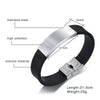 Nero black silicone and stainless steel customisable medical alert bracelet size and specification graphic.