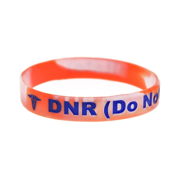 Brightly coloured orange DNR (Do Not Resuscitate) silicone wristband