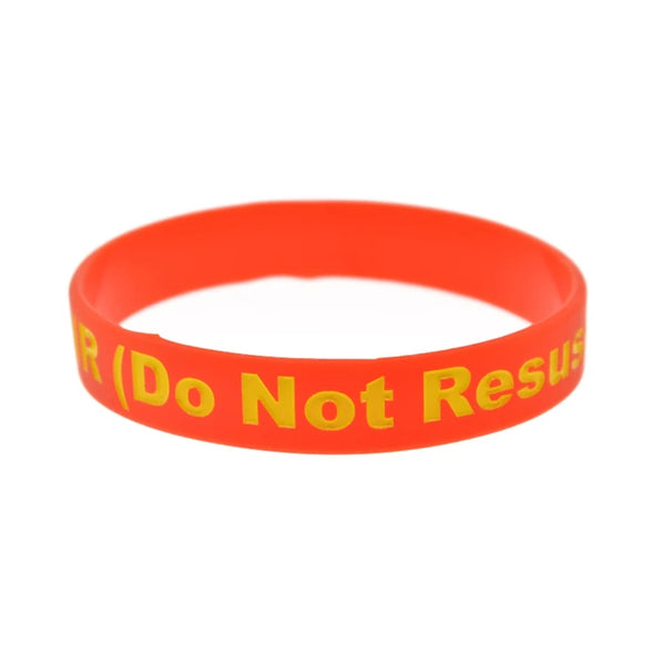 Vibrant orange DNR (Do Not Resuscitate) silicone wristband